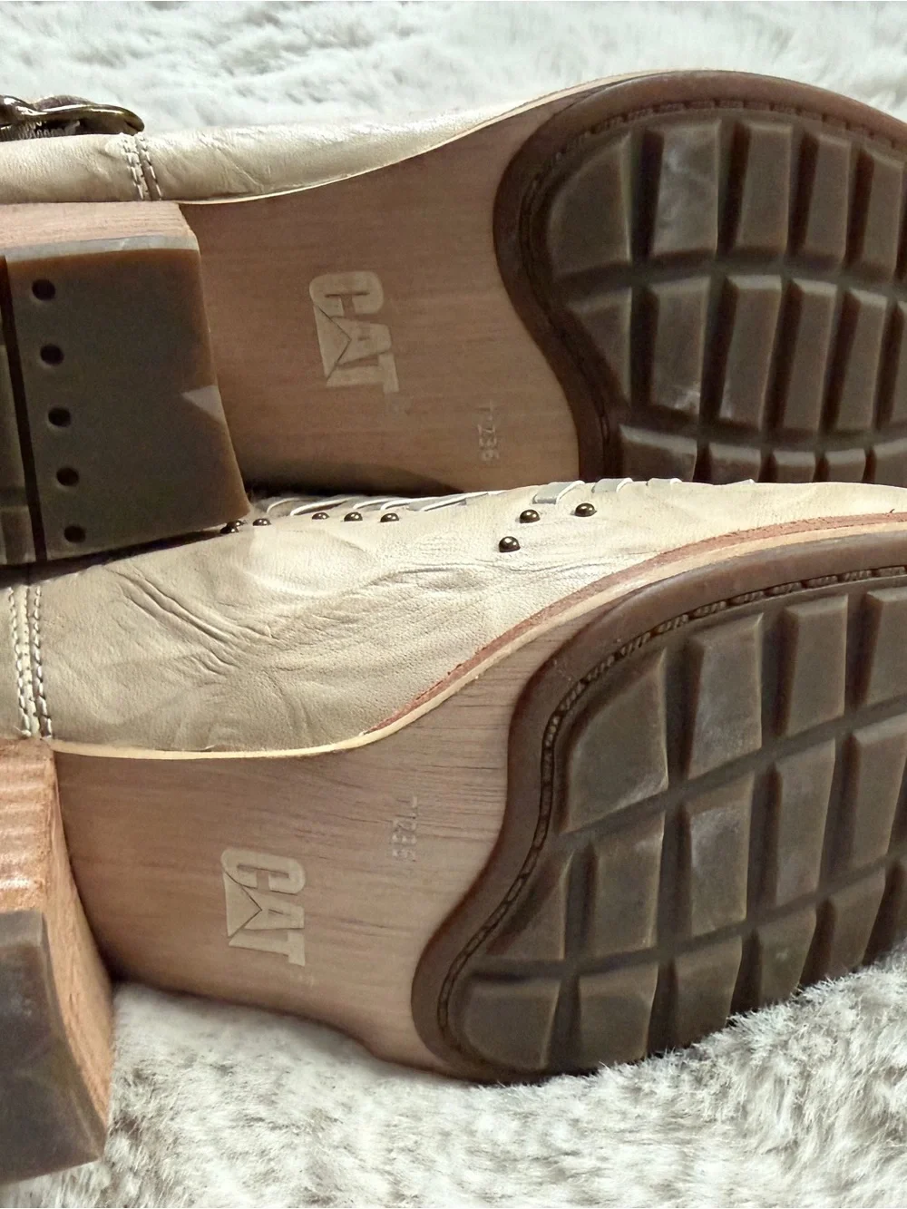 Caterpillar Beige Leather Cutout Buckle Ankle Boots